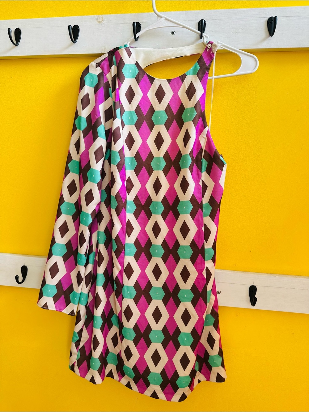 Zara Geometric One-Shoulder Dress in Pink, Teal & Brown